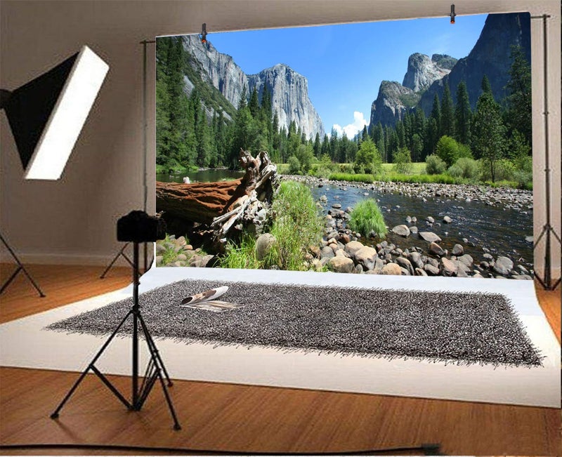 Laeacco Lake and Mountains Backdrop 7x5ft Natural Scenery Mountain Landscape Photography Backdrop Green Trees Rock Stone River Blue Sky View Backdrop Spring Summer Birthday Party Decor Supplies - Image 1